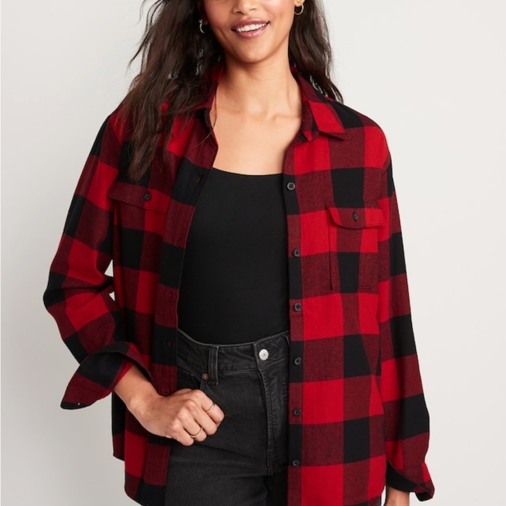 Old Navy XXL Red and Black Long-Sleeved Plaid Flannel Boyfriend Tunic Shirt